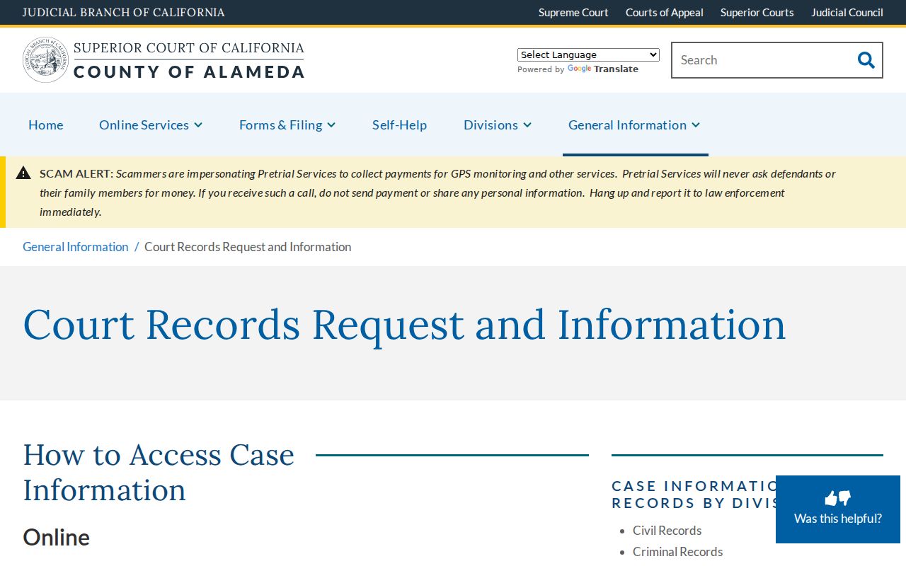 Albany people search Alameda Superior Court records access page