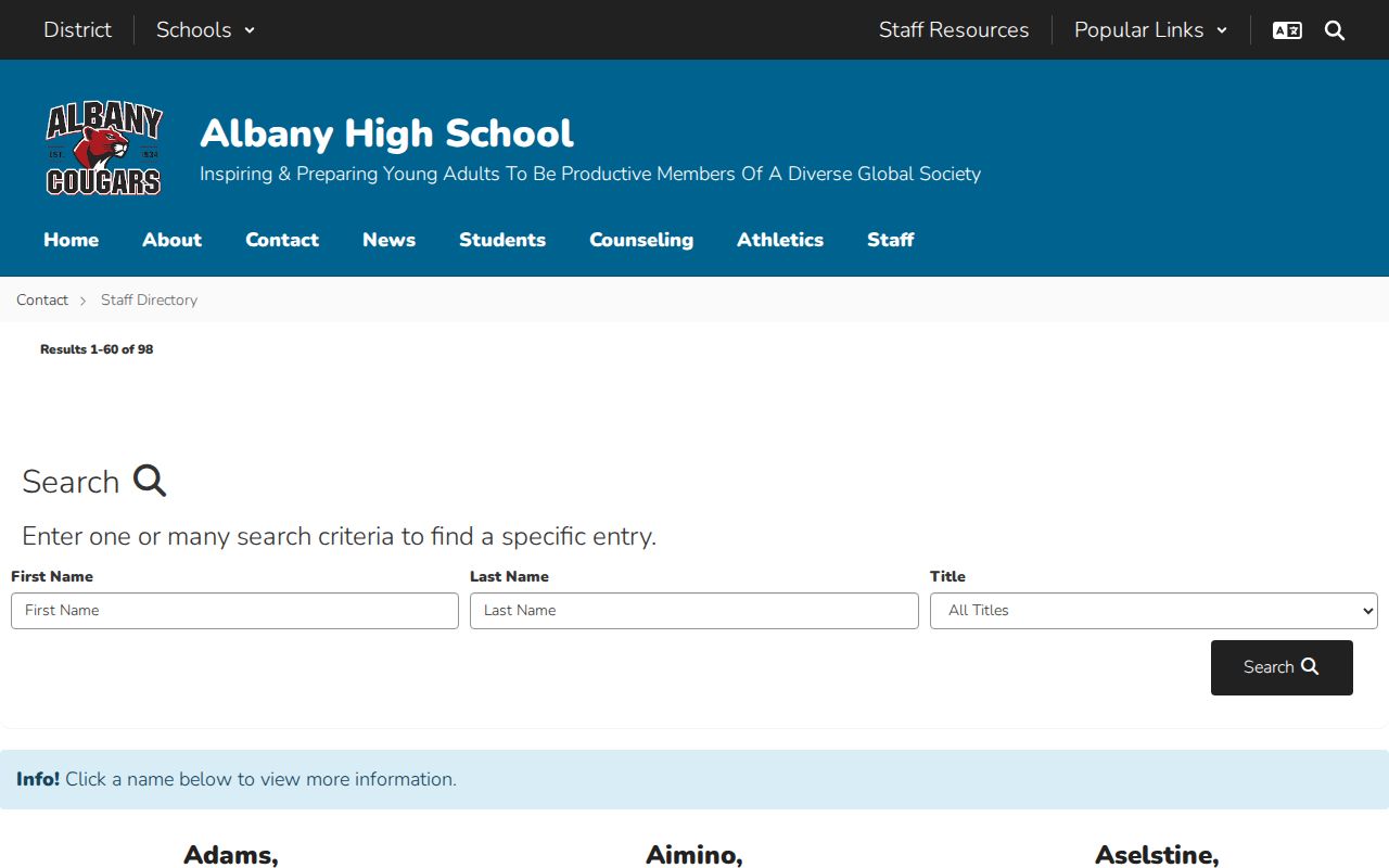 Albany people directories Albany High School staff directory search