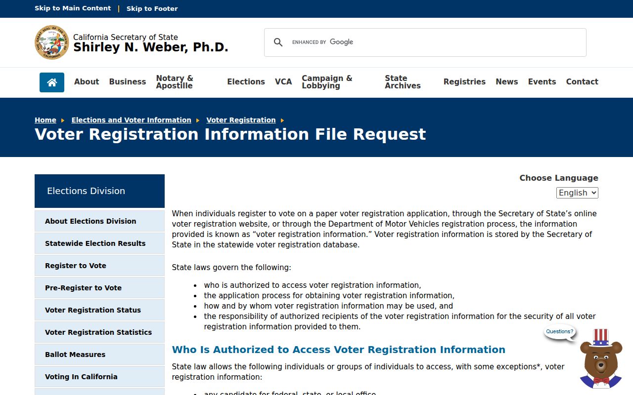 Albany voter registration records California voter file request rules